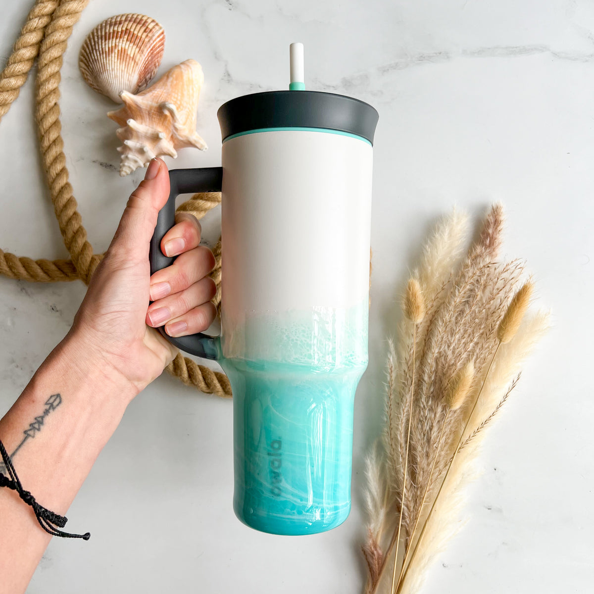 Ocean Waves Teal Waves Owala 40oz Water Bottle with Handle