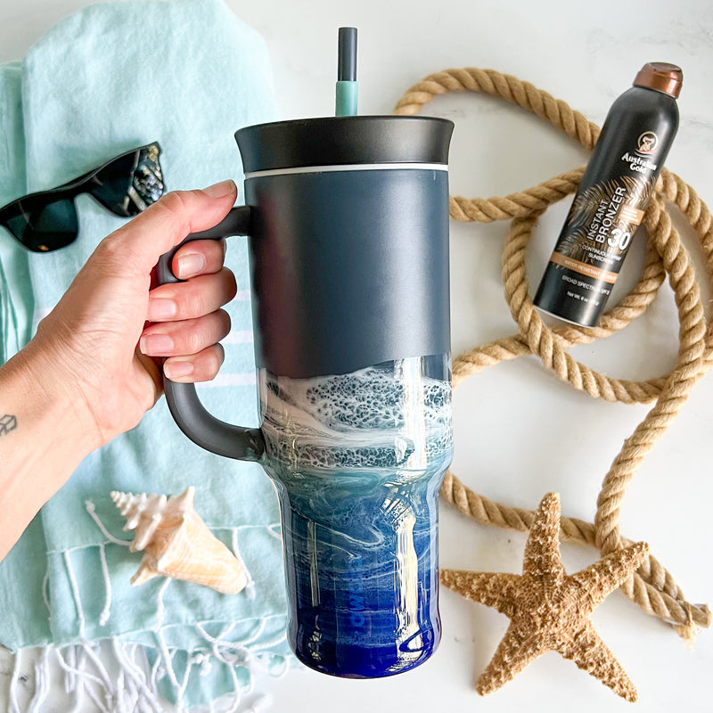 Ocean Waves Gray Owala 40oz Water Bottle with Handle
