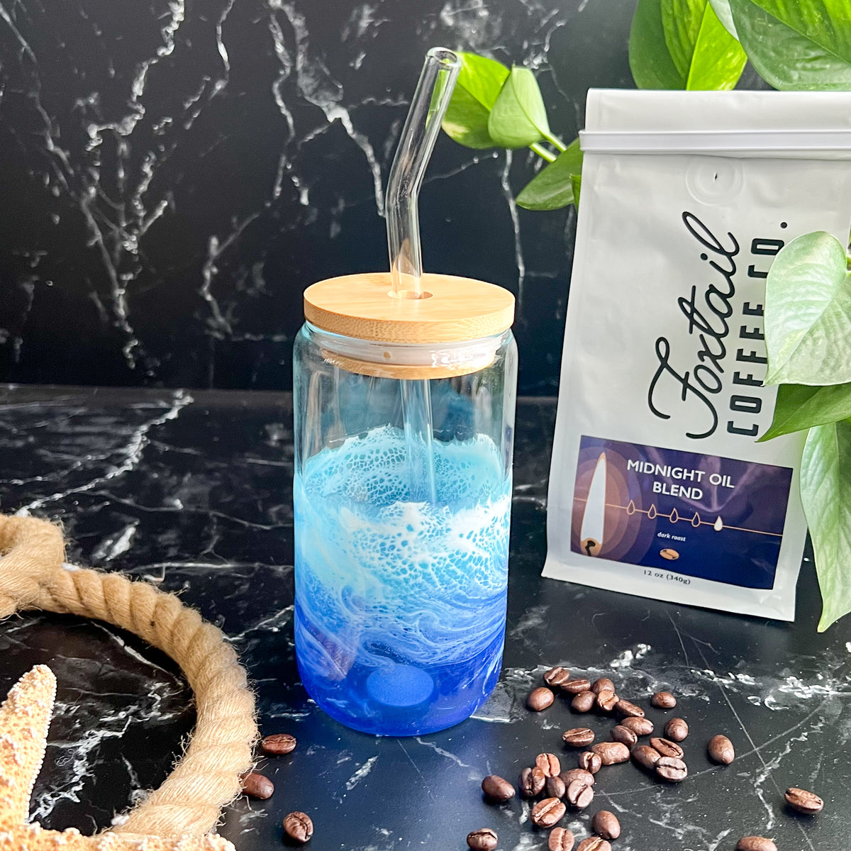 Iced Coffee Glass with glass straw (16oz)