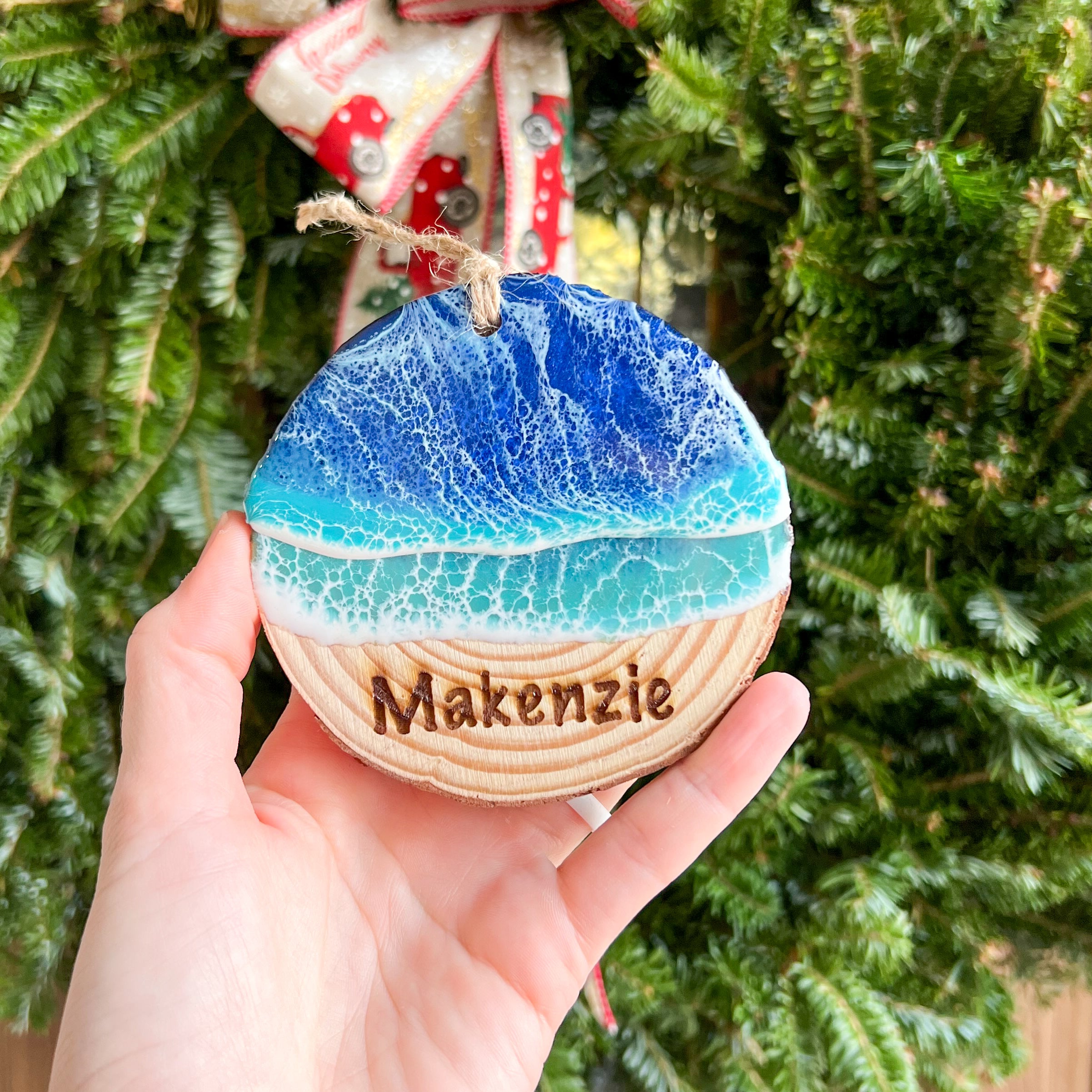Custom Engraved Live Edge Wood Ornament – Citrus Waves Art