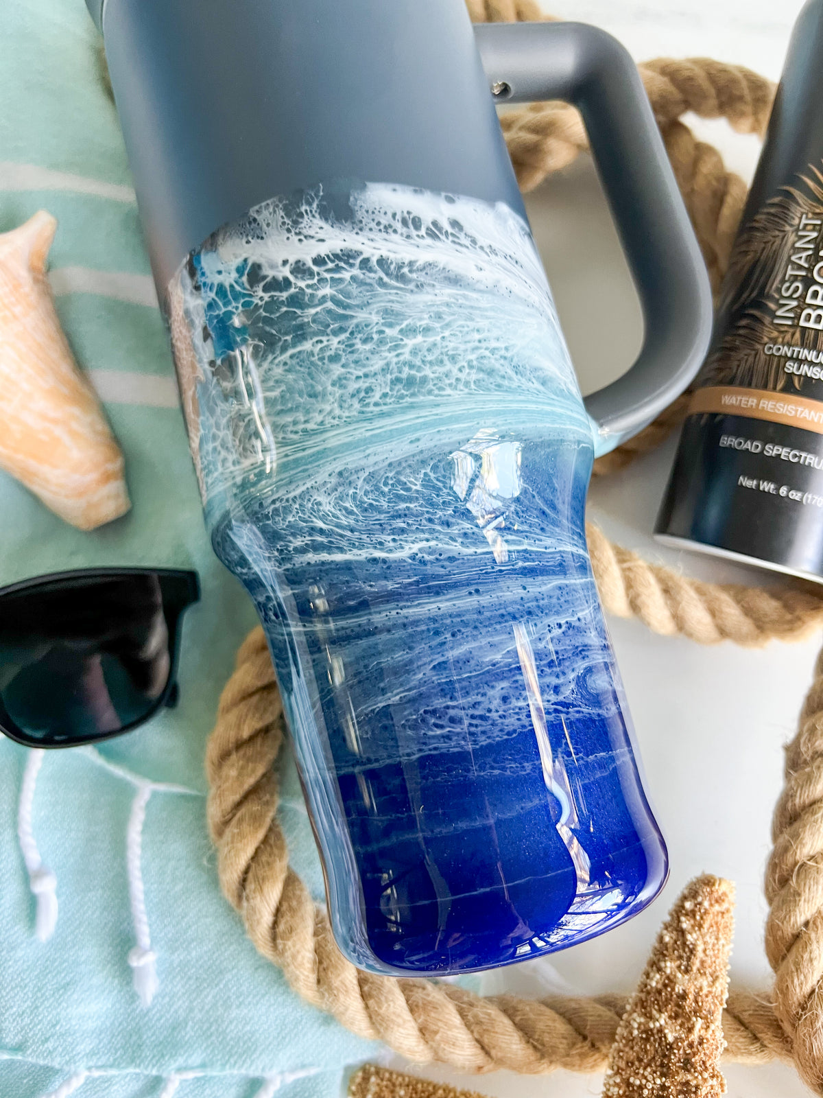 Ocean Waves Gray Owala 40oz Water Bottle with Handle