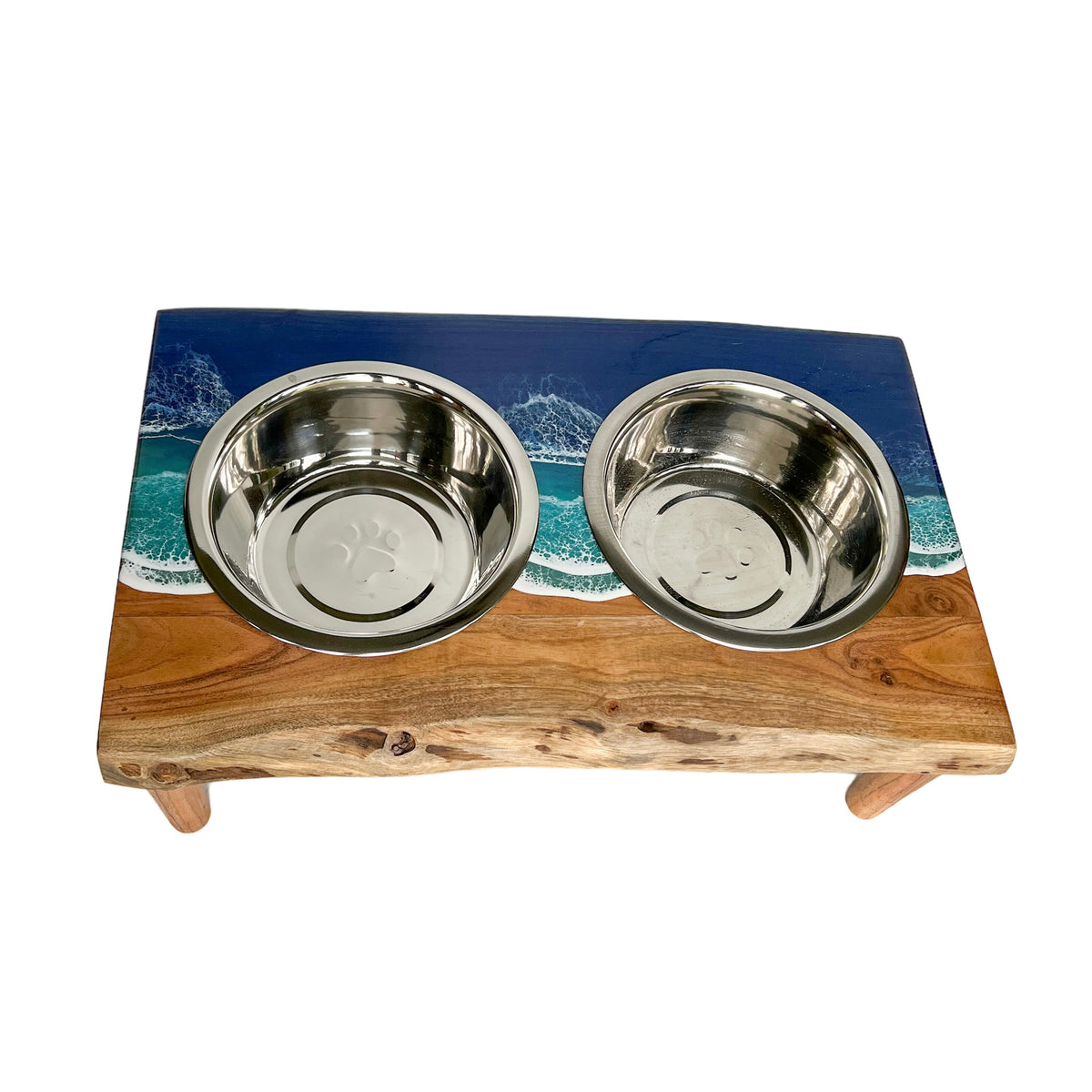 'Surfs Up Pup' Live Edge Dog Feeding Station