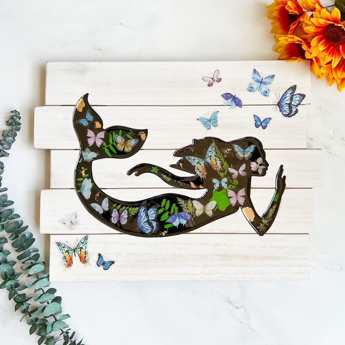 Enchanted Butterfly Mermaid Shiplap Wall Art